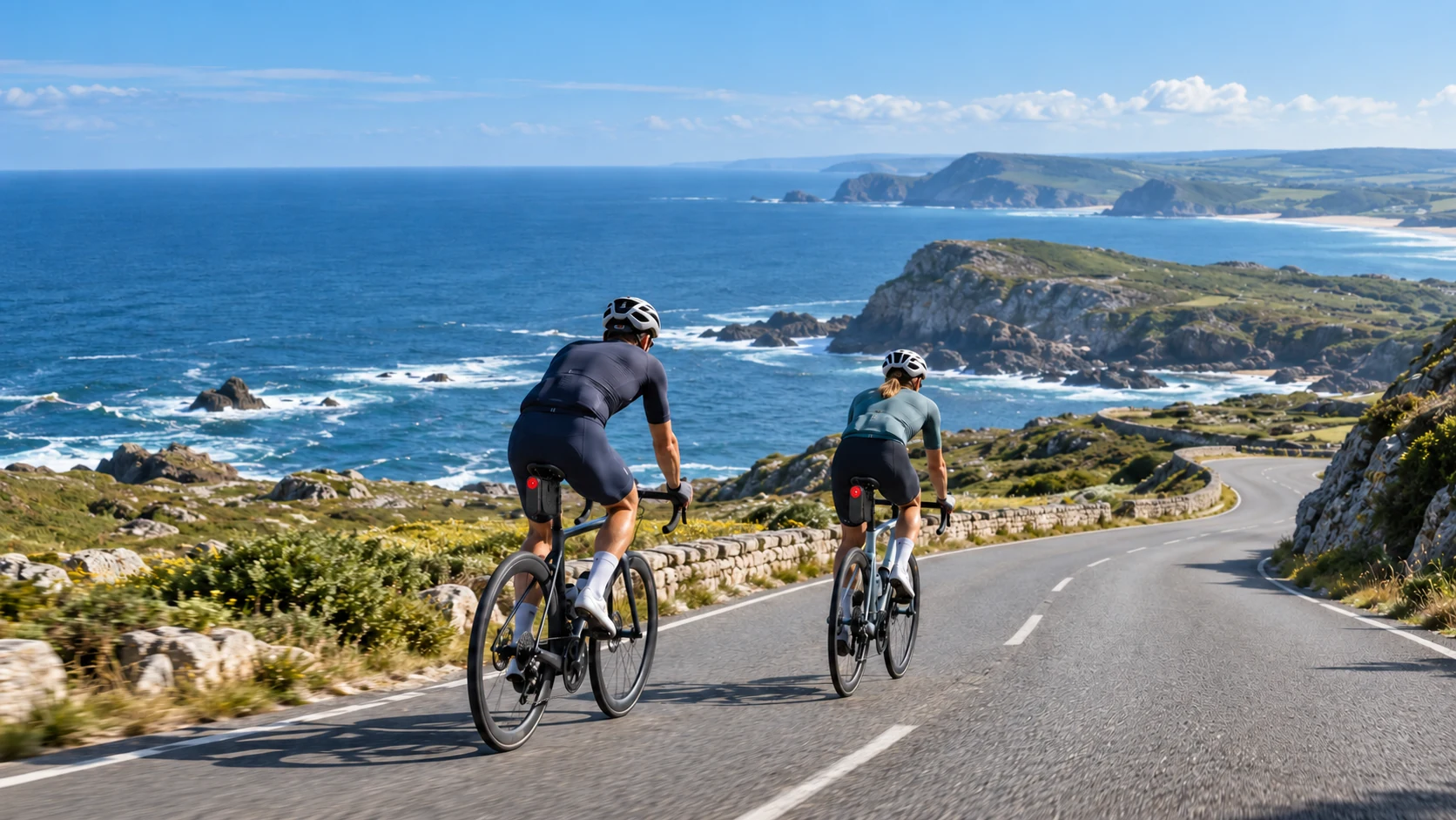 Two road cyclists on an Atlantic coastal road, both with Pocket Small and a rear-facing radar beneath their saddles